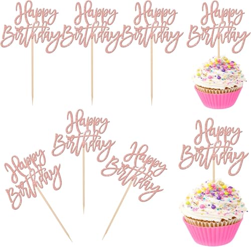 24 Stück Happy Birthday Cupcake Toppers Glitzer Geburtstag Tortendeko Gute zum Geburtstag Kuchen Deko für Geburtstag Jahrestag Thema Party Kuchen Dekorationen Rosegold von SYKYCTCY