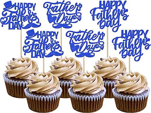 24 Stück Happy Father's Day Tortendeko Glitzer Best Dad Cupcake Toppers Love Dad Moustache Hat Kuchen Deko für Father's Day Thema Party Männer Geburtstag Party Tortendekoration Blau von SYKYCTCY