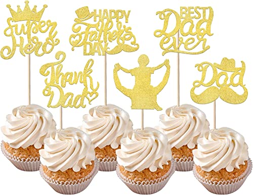 24 Stück Happy Father's Day Tortendeko Glitzer Best Dad Ever Cupcake Toppers Love Dad Moustache Hat #1 Dad Kuchen Deko für Father's Day Thema Thema Geburtstag Party Gold von SYKYCTCY