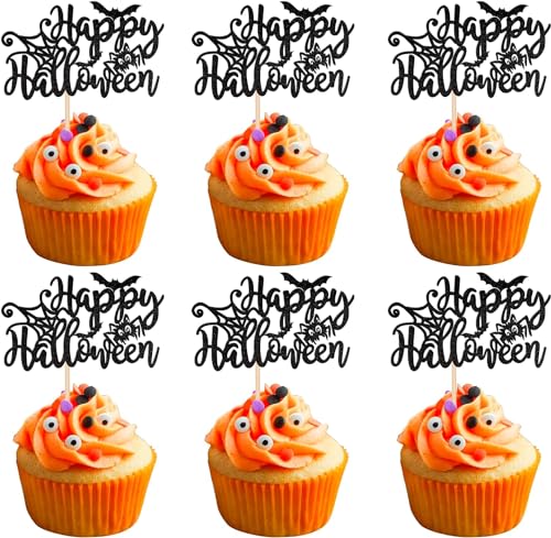 24 Stück Happy Halloween Tortendeko Glitzer Fledermaus Cupcake Toppers Halloween Kuchen Deko für Kinder Geburtstag Party Baby Dusche Halloween Thema Party Cupcake Dekoration Schwarz von SYKYCTCY