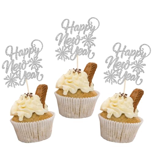 24 Stück Happy New Year Cupcake Toppers Glitzer Hallo 2025 Tortendeko Gutes neues Jahr 2025 Kuchen Deko für Willkommen 2025 Frohes Neues Jahr Party Torten Dekoration Silber von SYKYCTCY