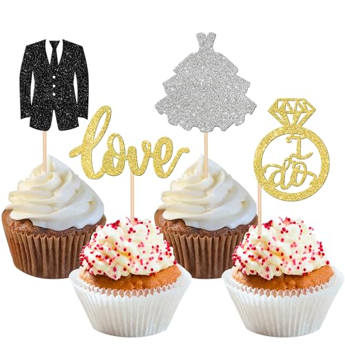 24 Stück Hochzeit Tortendeko Glitzer Bräutigam und Braut Cupcake Toppers I Do Wedding Kuchen Deko für Brautdusche Hochzeit Verlobung Party Torte Dekorationen Gold von SYKYCTCY