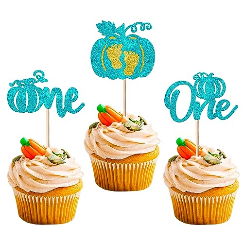 24 Stück Kürbis One Tortendeko Glitzer Herbst Thema Cupcake Toppers Erster Geburtstag Kuchen Deko Halloween Kuchen Dekorationen für Kürbis Thema 1. Geburtstag Party Kuchen Dekorationen Blau von SYKYCTCY