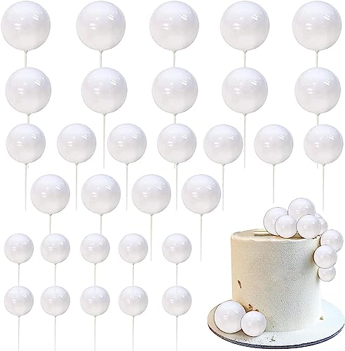 24 Stück Kugeln Tortendeko, Mini Round Ball Cupcake Toppers DIY Geburtstag Kuchen Deko Kugeln für Geburtstag Party Hochzeit Zubehör Valentinstag Baby Shower Kuchen Dekoration Weiß von SYKYCTCY