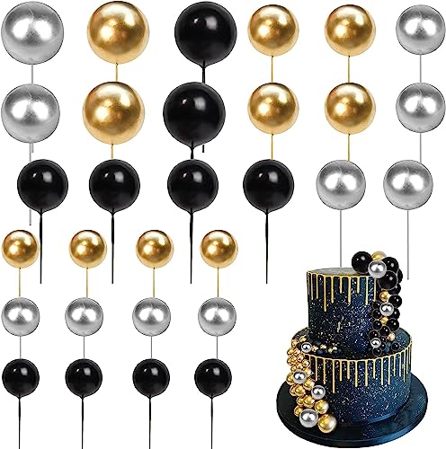 24 Stück Kugeln Tortendeko, Round Mini DIY Cupcake Toppers Geburtstag Kuchen Deko Kugeln für Geburtstag Party Hochzeit Zubehör Valentinstag Baby Shower Kuchen Dekoration Schwarz Gold Silber von SYKYCTCY