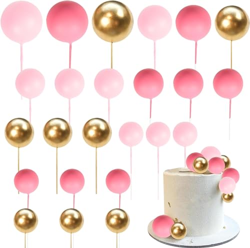 24 Stück Kugeln Tortendeko Mini Round DIY Kuchen Deko Geburtstag Kugeln Kuchenaufstecker für Baby Shower Geburtstag Hochzeit Valentinstag Party Kuchen Dekoration Rosa Gold von SYKYCTCY