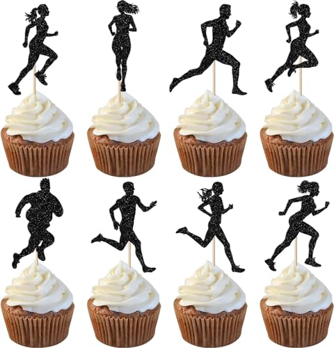 24 Stück Laufend Cupcake Toppers Glitzer Sport Fitness Tortendeko für Sport Laufend Thema Jungen Mädchen Kinder Geburtstag Party Kuchen Deko Schwarz von SYKYCTCY