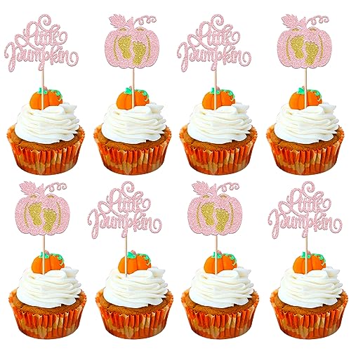 24 Stück Little Pumpkin Cupcake Toppers Glitzer Kürbis Tortendeko für Herbst Ernte Baby Dusche Kinder Geburtstag Cupcake Dekorationen Party Supplies Rosa von SYKYCTCY