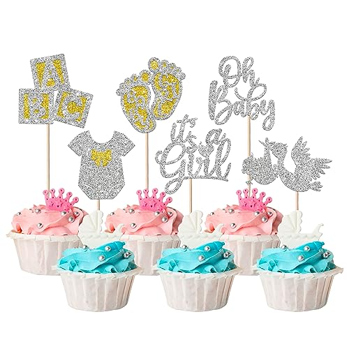 24 Stück Oh Baby Tortendeko It's a Girl Cupcake Toppers mit Strampler Jumpsuit Schwan Buchstaben Kuchen Deko Geschlecht Reveal Kuchen Dekorationen für Baby Mädchen Geburtstag Party Silber von SYKYCTCY