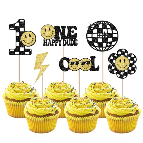 24 Stück One Happy Dude Cupcake Toppers Glitzer Frohes Gesicht Tortendeko Groovy One Cool Dude 1st Geburtstag Kuchen Deko Baby Dusche Kinder ein Jahr alt Geburtstag Thema Party Kuchen Dekoration von SYKYCTCY