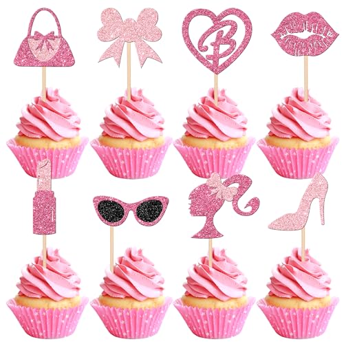 24 Stück Prinzessin Tortendeko Glitzer Rosa Mädchen Cupcake Toppers Handtasche Brille Schleife Lippenstift Krawatte High Heel Kuchen Deko für Hochzeit Brautparty Babyparty Geburtstag Party Neu Rosa von SYKYCTCY