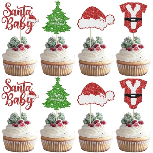 24 Stück Santa Baby Cupcake Toppers Glitzer Weihnachten Mütze Tortendeko Weihnachtsbaum Kuchen Deko für Frohe Weihnachten Thema Gender Reveal Baby Dusche Geburtstag Party Kuchen Dekorationen Rot Grün von SYKYCTCY