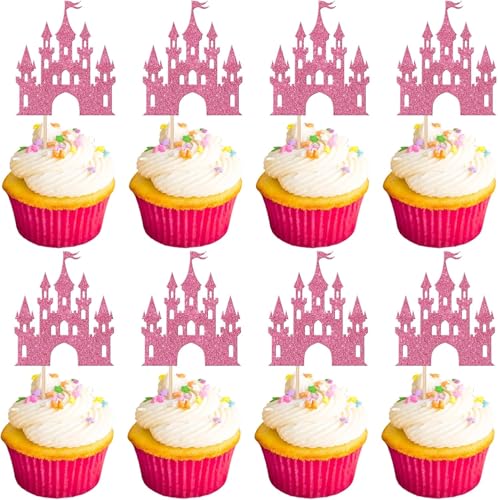 24 Stück Schloss Tortendeko Glitzer Prinzessin Geburtstag Kuchen Deko Schloß Cupcake Toppers für Prinzessin Schloss Thema Baby Dusche Hochzeit Geburtstag Party Kuchen Dekorationen Rosa von SYKYCTCY