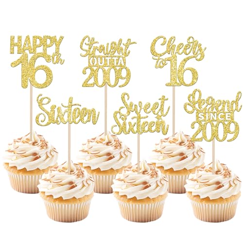 24 Stück Straight Outta 2009 Geburtstag Tortendeko Glitzer Happy 16th Sixteen Cupcake Toppers für Prost auf 16 Jahre Geburtstag Hochzeit Jahrestag Party Kuchen Dekoration Gold von SYKYCTCY