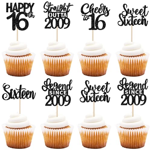 24 Stück Straight Outta 2009 Geburtstag Tortendeko Glitzer Happy 16th Sixteen Cupcake Toppers für Prost auf 16 Jahre Geburtstag Hochzeit Jahrestag Party Kuchen Dekoration Schwarz von SYKYCTCY