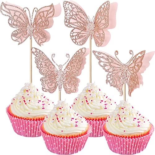 24 Stück Tortendeko, Schmetterlinge Deko Kuchen Schmetterling Deko Cake Topper für Hochzeit Jahrestag Baby Shower Geburtstag Party Kuchen Dekoendeko Rosegold Rosa von SYKYCTCY