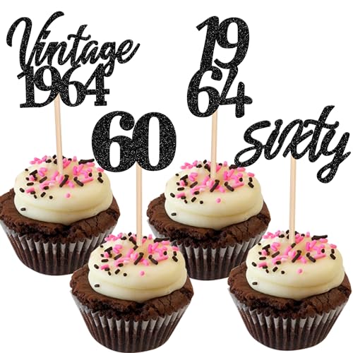 24 Stück Vintage 1964 Tortendeko Glitzer 60 Sixty Geburtstag Cupcake Toppers Awesome Since 1964 Fabulous 60 Kuchen Deko for 60th Geburtstag Jahrestag Party Kuchen Dekoration Schwarz von SYKYCTCY