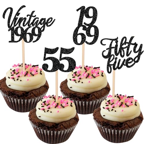 24 Stück Vintage 1969 Tortendeko Glitzer 55 Fifty Five Geburtstag Cupcake Toppers Awesome Since 1969 Fabulous 55 Kuchen Deko for 55th Geburtstag Jahrestag Party Kuchen Dekoration Schwarz von SYKYCTCY