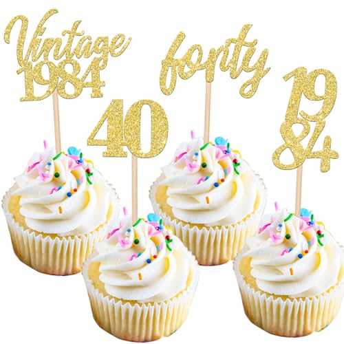 24 Stück Vintage 1984 Tortendeko Glitzer 40 Forty Geburtstag Cupcake Toppers Awesome Since 1984 Fabulous 40 Kuchen Deko for 40th Geburtstag Jahrestag Party Kuchen Dekoration Gold von SYKYCTCY