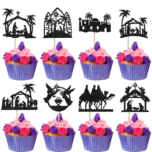 24 Stück Weihnachten Jesus Tortendeko Jesu Geburt Cupcake Toppers Glitzer Kreuz Kuchen Deko für Frohe Weihnachten Jesus Geburtstag Heilige Religiöse Party Kuchen Dekorationen Schwarz von SYKYCTCY