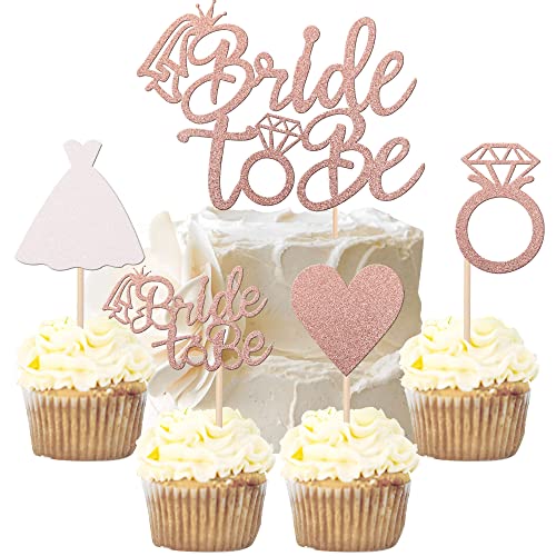 25 Stück Die zukünftige Braut Cake Toppers Glitter Bride Geburtstag Tortendeko Heart Ring Dress Kuchendekoration für Verlobung Junggesellenabschied Hochzeit Brautdusche Party Dekoendeko Roségold von SYKYCTCY