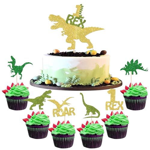 25 Stück Dinosaurier 1st Geburtstag Tortendeko Glitzer 1 Rex Dinosaurier Kuchen Deko Dino Cupcake Toppers für Dinosaurier Thema Baby Dusche 1. Geburtstag Party Kuchen Dekorationen Gold von SYKYCTCY