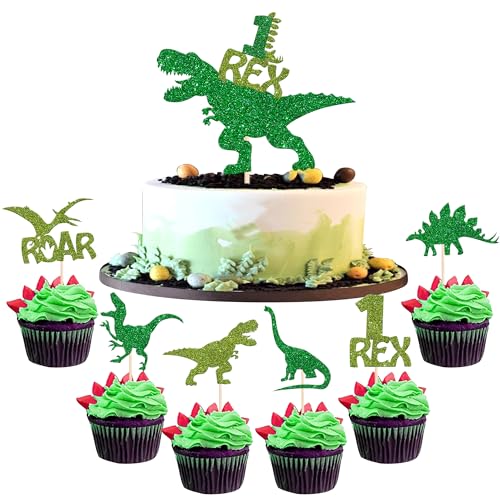 25 Stück Dinosaurier 1st Geburtstag Tortendeko Glitzer 1 Rex Dinosaurier Kuchen Deko Dino Cupcake Toppers für Dinosaurier Thema Baby Dusche 1. Geburtstag Party Kuchen Dekorationen Grün von SYKYCTCY