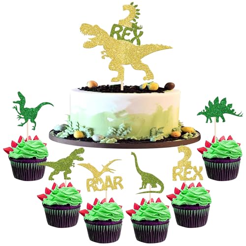 25 Stück Dinosaurier 2 Rex Geburtstag Tortendeko Glitzer Zwei Dinosaurier Kuchen Deko Dino Cupcake Toppers für Dinosaurier Thema Baby Dusche 2nd Geburtstag Party Kuchen Dekorationen Gold von SYKYCTCY