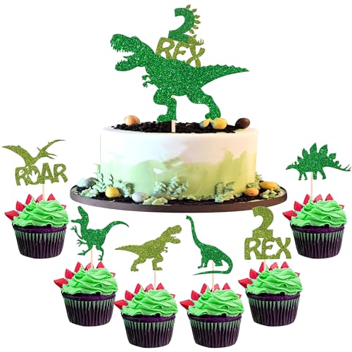 25 Stück Dinosaurier 2 Rex Geburtstag Tortendeko Glitzer Zwei Dinosaurier Kuchen Deko Dino Cupcake Toppers für Dinosaurier Thema Baby Dusche 2nd Geburtstag Party Kuchen Dekorationen Grün von SYKYCTCY