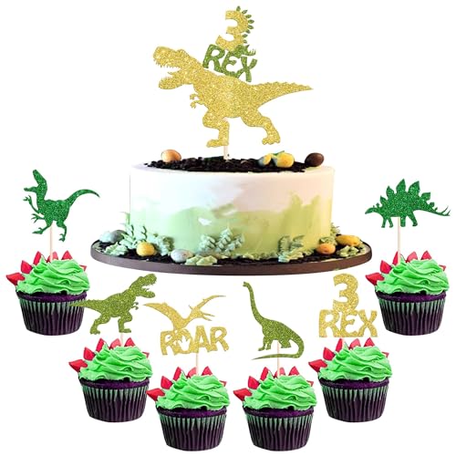 25 Stück Dinosaurier 3 Rex Geburtstag Tortendeko Glitzer Drei Dinosaurier Kuchen Deko Dino Cupcake Toppers für Dinosaurier Thema Baby Dusche 3rd Geburtstag Party Kuchen Dekorationen Gold von SYKYCTCY