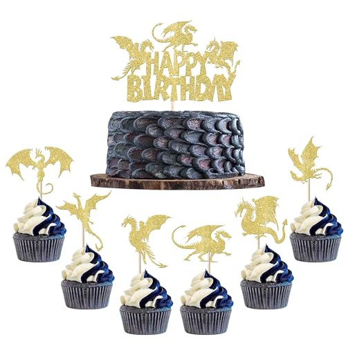 25 Stück Drachen Tortendeko Glitzer Happy Birthday Kuchen Deko Fantasie Geburtstag Cake Topper für Fliegende Drachen Thema Baby Dusche Kinder Geburtstag Party Kuchen Dekorationen Gold von SYKYCTCY