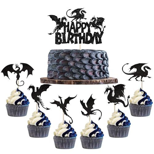 25 Stück Drachen Tortendeko Glitzer Happy Birthday Kuchen Deko Fantasie Geburtstag Cake Topper für Fliegende Drachen Thema Baby Dusche Kinder Geburtstag Party Kuchen Dekorationen Schwarz von SYKYCTCY