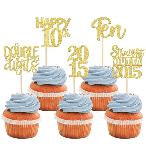 30 Stück 10th Geburtstag Tortendeko Glitzer Straight Outta 2015 Cupcake Toppers Ten Happy 10th Kuchen Deko für Prost auf 10 Jahre Geburtstag Hochzeit Jahrestag Party Kuchen Dekoration Gold von SYKYCTCY