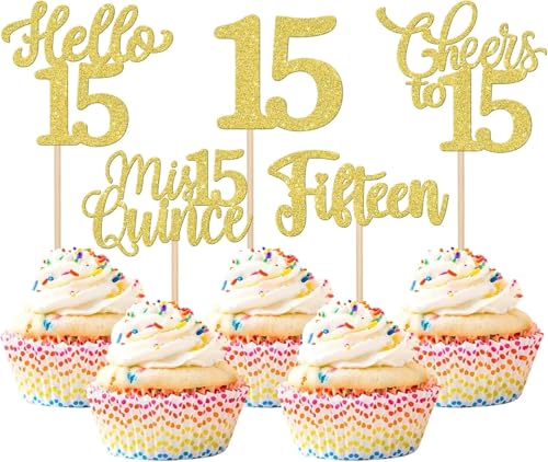 30 Stück 15th Geburtstag Tortendeko Glitzer Hello 15 Cheers to 15 Cupcake Toppers Fifteen Kuchen Deko für Prost auf 15 Geburtstag Jahrestag Party Kuchen Dekoration Gold von SYKYCTCY