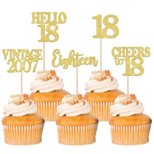 30 Stück 18th Geburtstag Cupcake Toppers Vintage 2007 Kuchen Deko Cheers to 18 Eighteen Tortendeko für Prost auf 18 Jahre Geburtstag Hochzeit Jahrestag Party Kuchen Dekoration Gold von SYKYCTCY