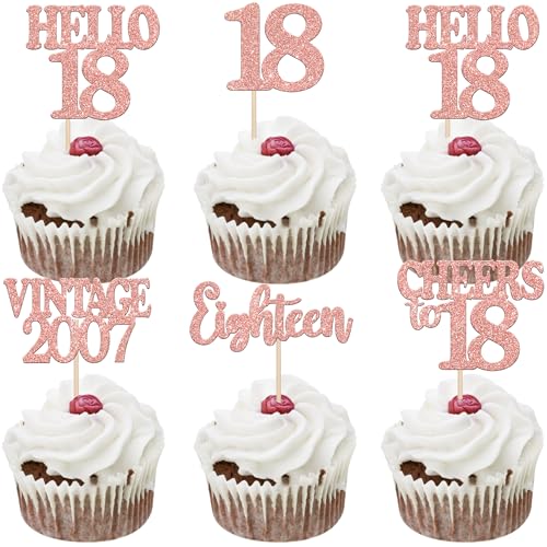 30 Stück 18th Geburtstag Cupcake Toppers Vintage 2007 Kuchen Deko Cheers to 18 Eighteen Tortendeko für Prost auf 18 Jahre Geburtstag Hochzeit Jahrestag Party Kuchen Dekoration Rosegold von SYKYCTCY