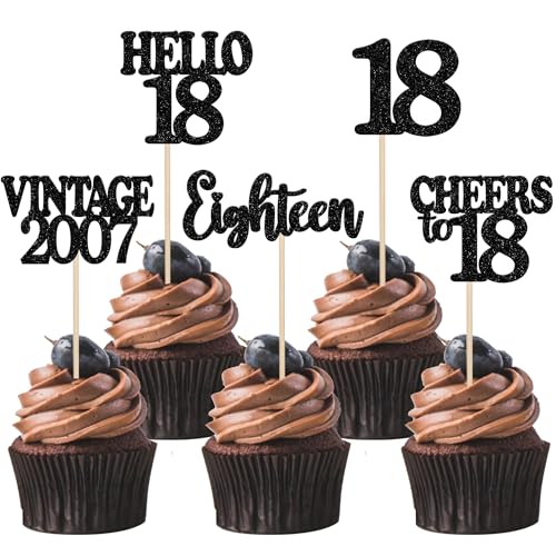 30 Stück 18th Geburtstag Cupcake Toppers Vintage 2007 Kuchen Deko Cheers to 18 Eighteen Tortendeko für Prost auf 18 Jahre Geburtstag Hochzeit Jahrestag Party Kuchen Dekoration Schwarz von SYKYCTCY