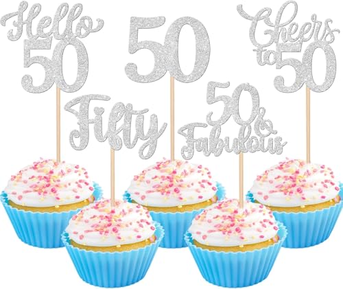 30 Stück 50th Geburtstag Tortendeko Glitzer Hello 50 Cheers to 50 Cupcake Toppers 50 & Fabulous Fifty Kuchen Deko für Prost auf 50 Geburtstag Jahrestag Party Kuchen Dekoration Silber von SYKYCTCY