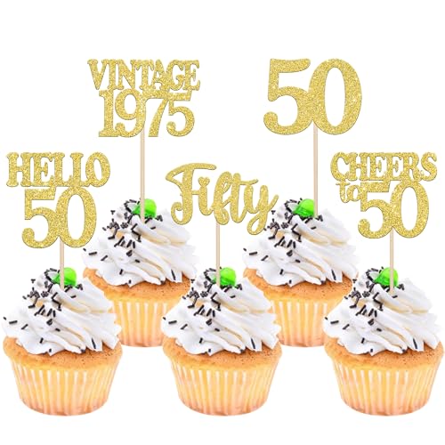 30 Stück 50th Geburtstag Tortendeko Vintage 1975 Cupcake Toppers Cheers to 50 Happy 50th Kuchen Deko für Prost auf 50 Jahre Geburtstag Hochzeit Jahrestag Party Kuchen Dekoration Gold von SYKYCTCY