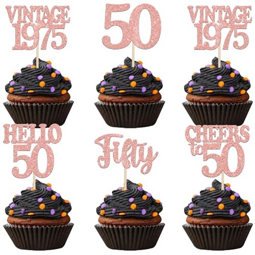 30 Stück 50th Geburtstag Tortendeko Vintage 1975 Cupcake Toppers Cheers to 50 Happy 50th Kuchen Deko für Prost auf 50 Jahre Geburtstag Hochzeit Jahrestag Party Kuchen Dekoration Rosegold von SYKYCTCY