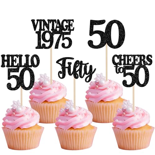 30 Stück 50th Geburtstag Tortendeko Vintage 1975 Cupcake Toppers Cheers to 50 Happy 50th Kuchen Deko für Prost auf 50 Jahre Geburtstag Hochzeit Jahrestag Party Kuchen Dekoration Schwarz von SYKYCTCY