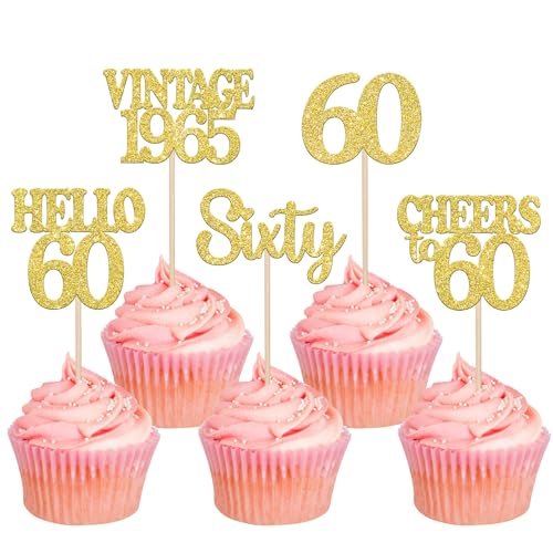 30 Stück 60th Geburtstag Cupcake Toppers Glitzer Vintage 1965 Kuchen Deko Cheers to 60 Happy 60th Tortendeko für Prost auf 60 Jahre Geburtstag Jahrestag Party Kuchen Dekoration Gold von SYKYCTCY