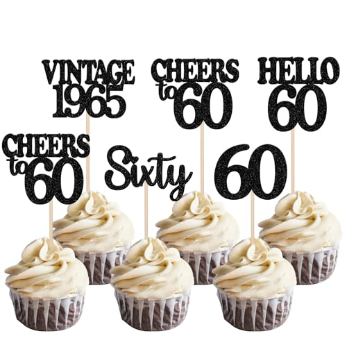 30 Stück 60th Geburtstag Cupcake Toppers Glitzer Vintage 1965 Kuchen Deko Cheers to 60 Happy 60th Tortendeko für Prost auf 60 Jahre Geburtstag Jahrestag Party Kuchen Dekoration Schwarz von SYKYCTCY