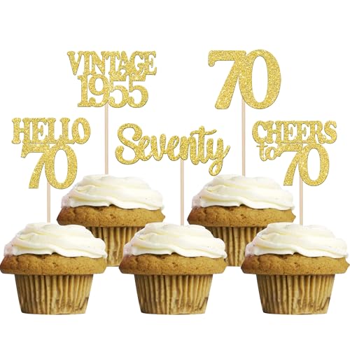 30 Stück 70th Geburtstag Cupcake Toppers Glitzer Vintage 1955 Kuchen Deko Cheers to 70 Happy 70th Tortendeko für Prost auf 70 Jahre Geburtstag Jahrestag Party Kuchen Dekoration Gold von SYKYCTCY