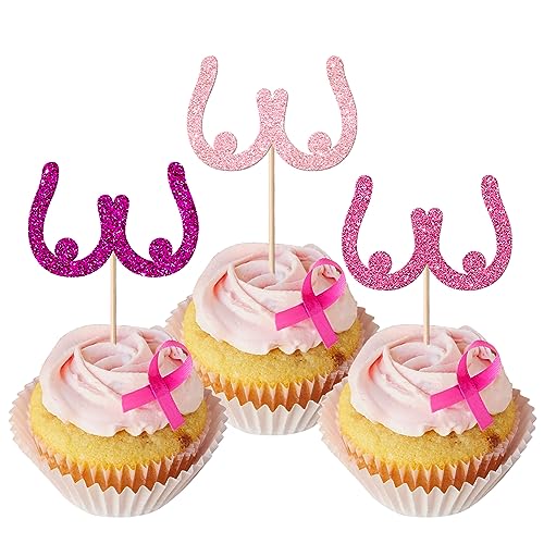 30 Stück Brustkrebs Bewusstsein Tortendeko Glitzer Brust Cupcake Toppers Brustkrebs Bewusstsein Kuchen Deko für Believe Hope Pink Ribbon Party Kuchen Dekorationen von SYKYCTCY