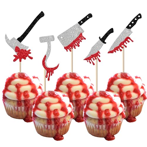 30 Stück Halloween Messer Tortendeko Glitzer Gruseliges blutiges Messer Kuchen Deko Killer Geburtstag Cupcake Toppers für Happy Halloween Thema Party Kuchen Dekorationen von SYKYCTCY