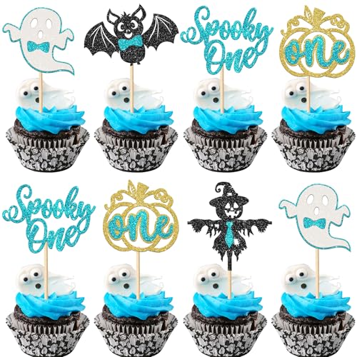 30 Stück Halloween Tortendeko Glitzer Kürbis Vogelscheuche Spooky Cupcake Toppers Geist Fledermaus Halloween Kuchen Deko für Baby Dusche Geschlecht Reveal 1. Geburtstag Party Supplies Blau Schwarz von SYKYCTCY