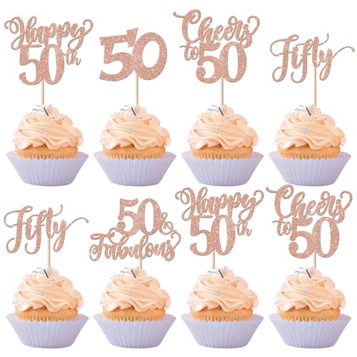 30 Stück Happy 50th Geburtstag Tortendeko Glitzer Cheers to 50 Kuchen Deko 50 Fabulous Cupcake Toppers für Fifty Geburtstag Jahrestag Party Kuchen Dekoration Rosegold von SYKYCTCY