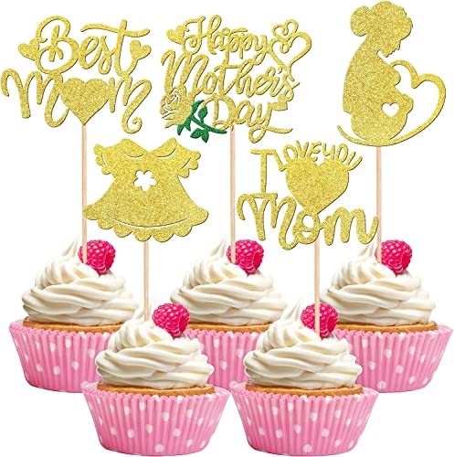 30 Stück Happy Mother's Day Deko Kuchen, Glitter Schwangere Frauen Love Mother Cupcake Picks Best Mom Tortendeko für Baby Mädchen glücklich Muttertag Thema Geburtstag Partyzubehör Gold von SYKYCTCY