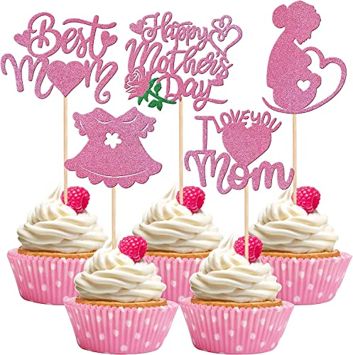 30 Stück Happy Mother's Day Deko Kuchen, Glitter Schwangere Frauen Love Mother Cupcake Picks Best Mom Tortendeko für Baby Mädchen glücklich Muttertag Thema Geburtstag Partyzubehör Pink von SYKYCTCY